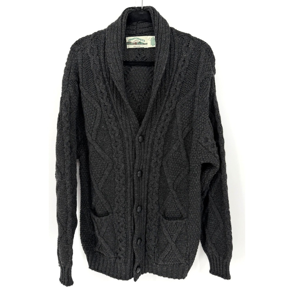 Aran Crafts Sweater Mens L Gray Cardigan Fishermans Cable Knit Merino Wool